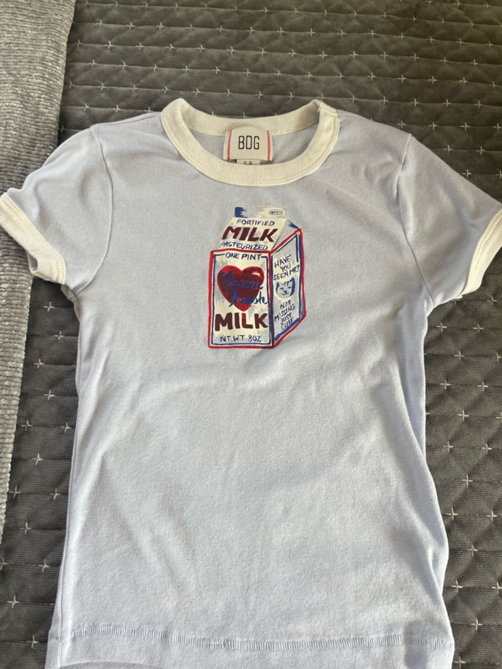 UO BDG Light Blue Ringer baby Tee with Red & Blue Milk Carton Graphic